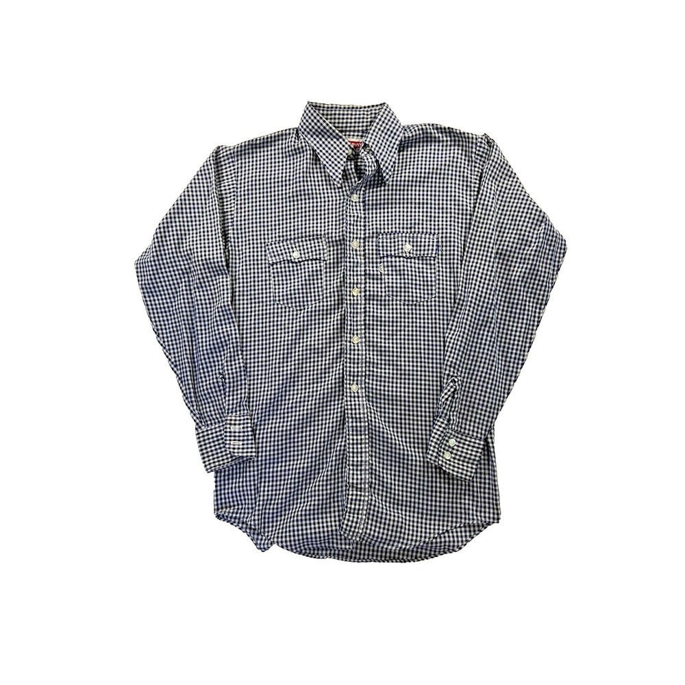 Vintage Levis Western Shirt Mens Navy White Gingham Plaid 70s Super Thin Small - Picture 2 of 7
